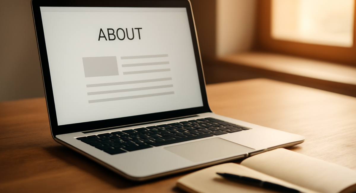 Laptop menampilkan halaman statis blog About di meja kayu dengan buku catatan
