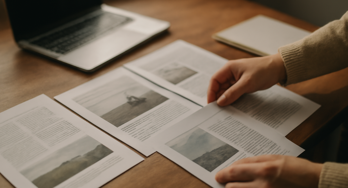 Seseorang menata halaman artikel cetak di meja kerja untuk merapikan tautan internal blog