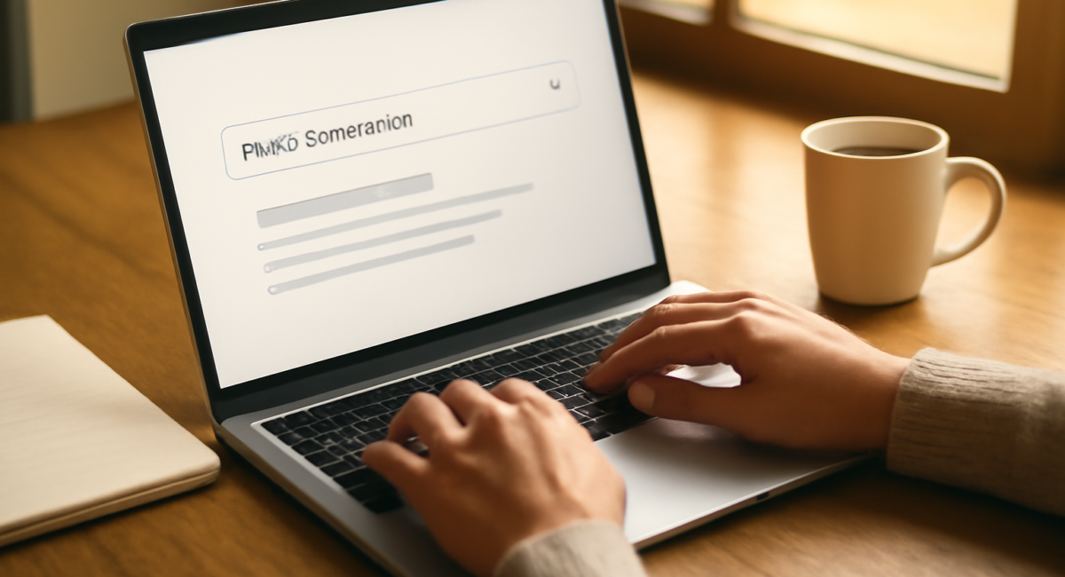 Menulis meta description blog bisnis di laptop dengan pratinjau hasil pencarian
