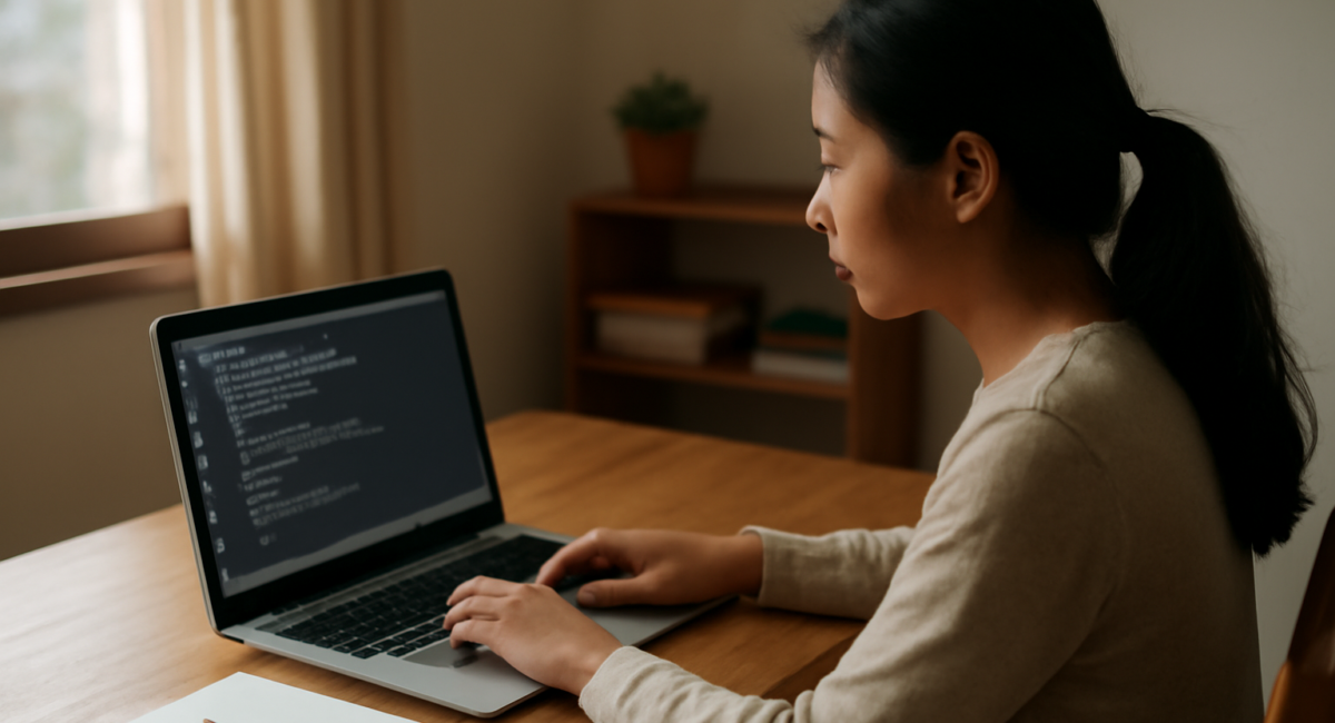 Blogger pemula memeriksa file sitemap XML di laptop dalam ruang kerja rumahan