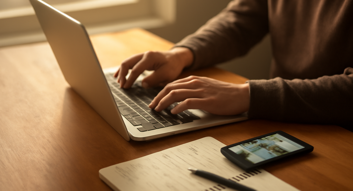 Meja kerja dengan laptop dan ponsel untuk mengelola trafik blog dari media sosial