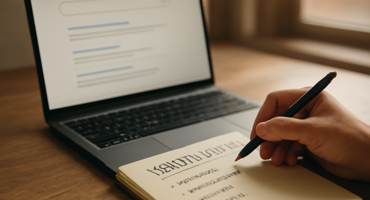 Laptop dan catatan kata kunci untuk meningkatkan CTR blog di hasil pencarian