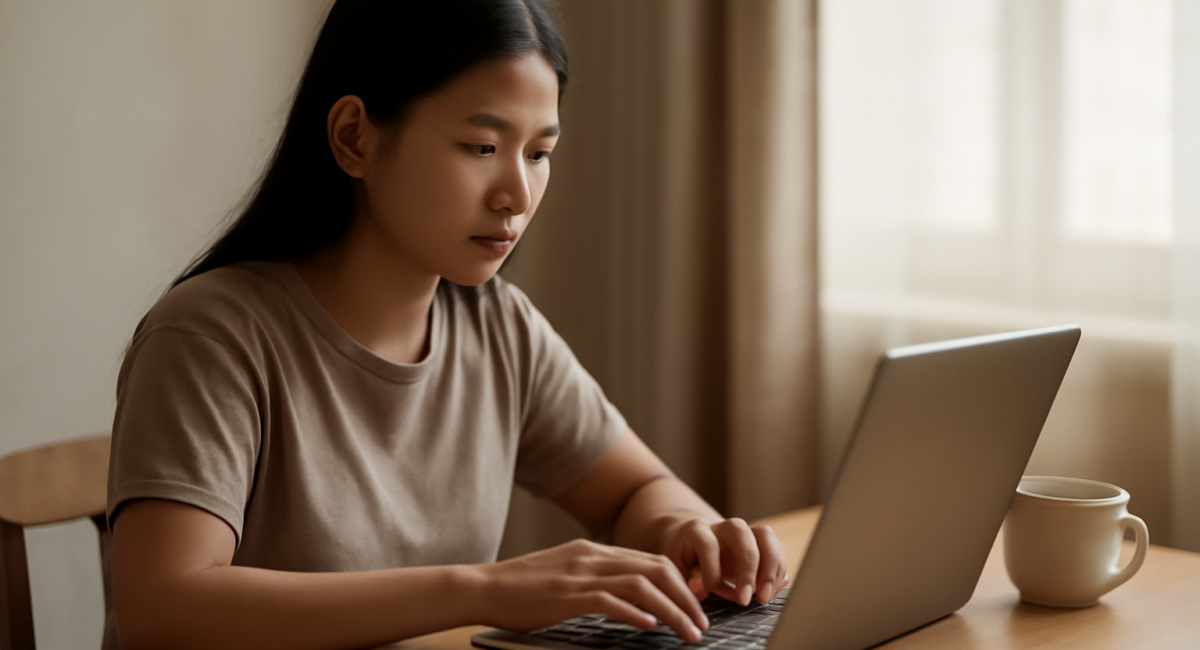 Seseorang menulis artikel SEO di laptop di meja kayu sederhana
