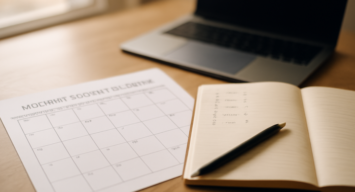 Meja kerja dengan kalender konten bulanan tercetak dan catatan topik blog