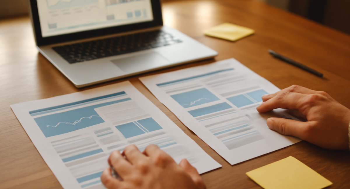 Meja kerja dengan cetakan halaman blog dan laptop untuk audit SEO on-page
