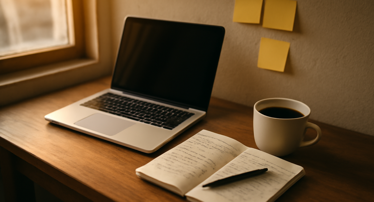 Meja kerja dengan laptop dan catatan daftar kata kunci untuk riset konten blog bisnis