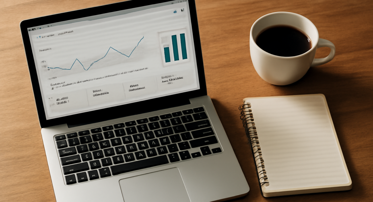 Meja kerja dengan laptop dan catatan untuk riset tools SEO blog pemula